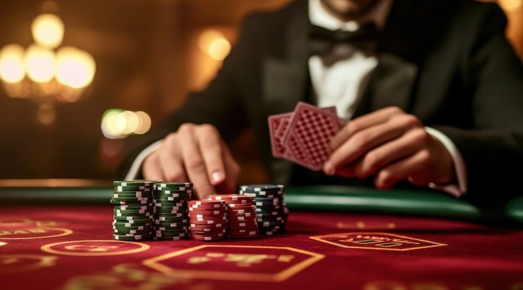 Layar Live Blackjack di wd yuk menampilkan dealer, meja kartu, dan panel taruhan